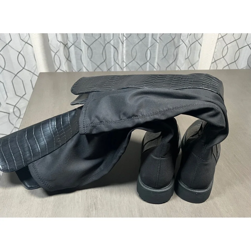 Black Croc Embossed Over The Knee Lug Sole Boots Stretch Back Sz 10